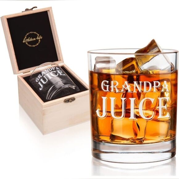 NWOT LIGHTEN LIFE Grandpa Juice Whiskey Glass 12 oz, Valued Wood Box - Picture 1 of 6